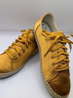 Mustard Gold Satin TOMS Espadrille Sneakers Boho Coastal